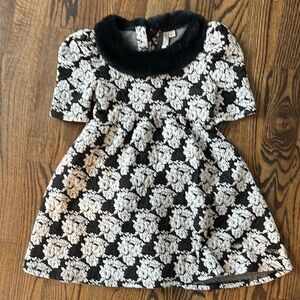 Floral Black and White Dress with Faux Fur Collar